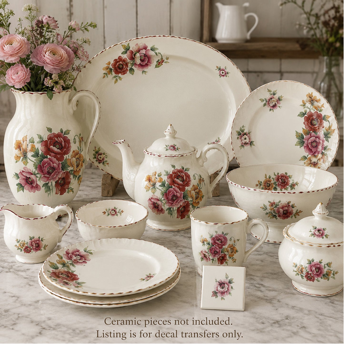 Pink Yellow Poppy Flowers Overglaze Waterslide Ceramic Decals