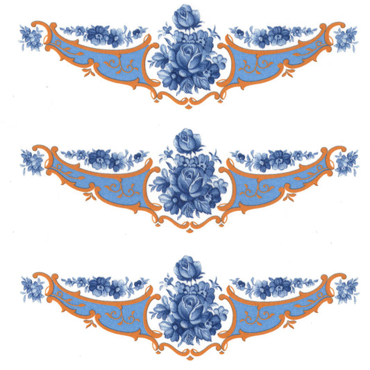 Blue Rose Flower Curved Border with Gold Accents Overglaze Ceramic Decals