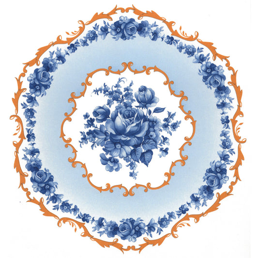 Blue Rose Flower with Gold Accents and Background Overglaze Ceramic Decals