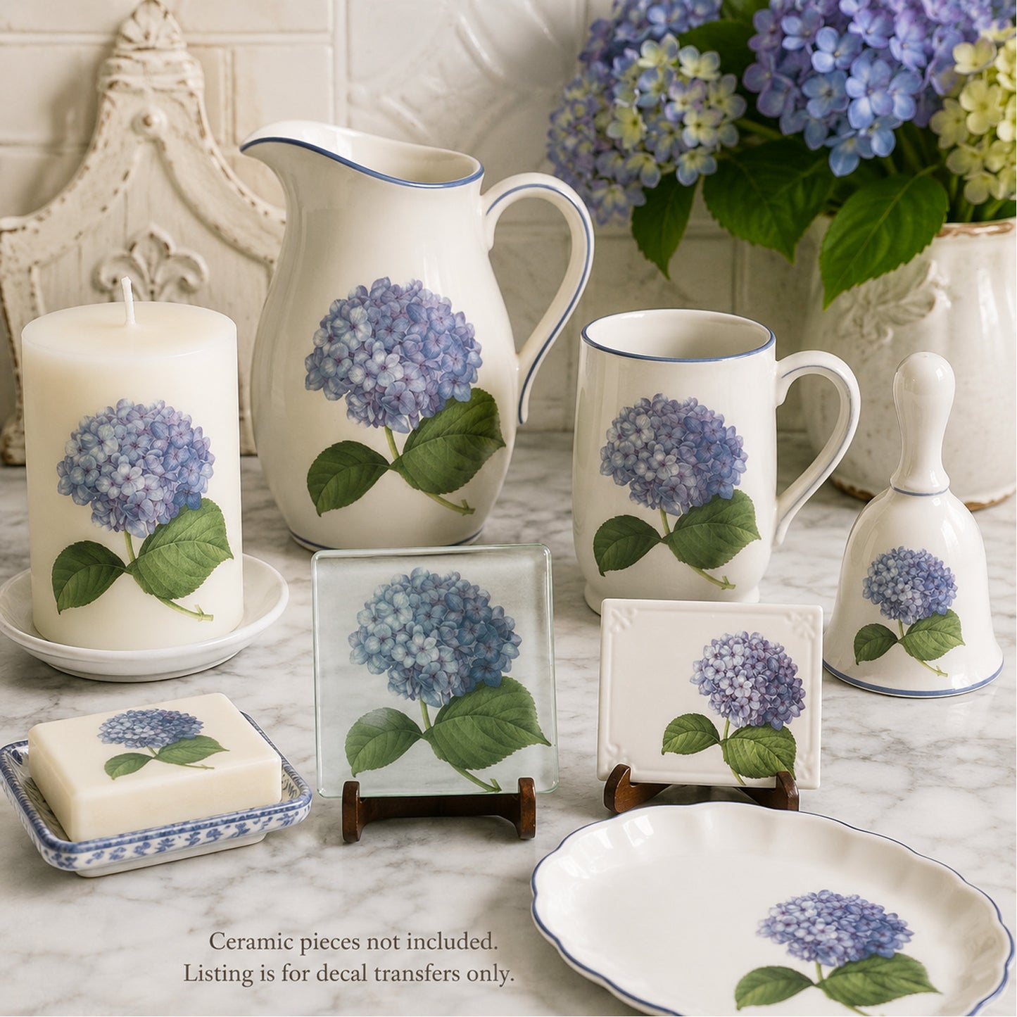 Blue Hydrangea Flowers Overglaze Waterslide Ceramic Decals
