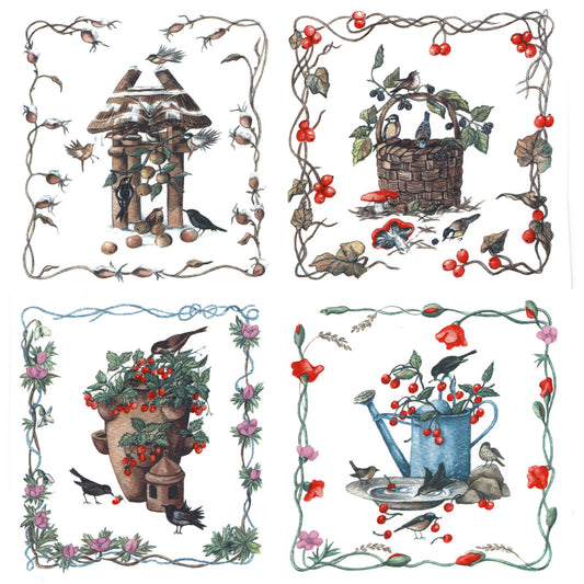 Framed Set of 4 Birds of All Seasons Overglaze Ceramic Decals