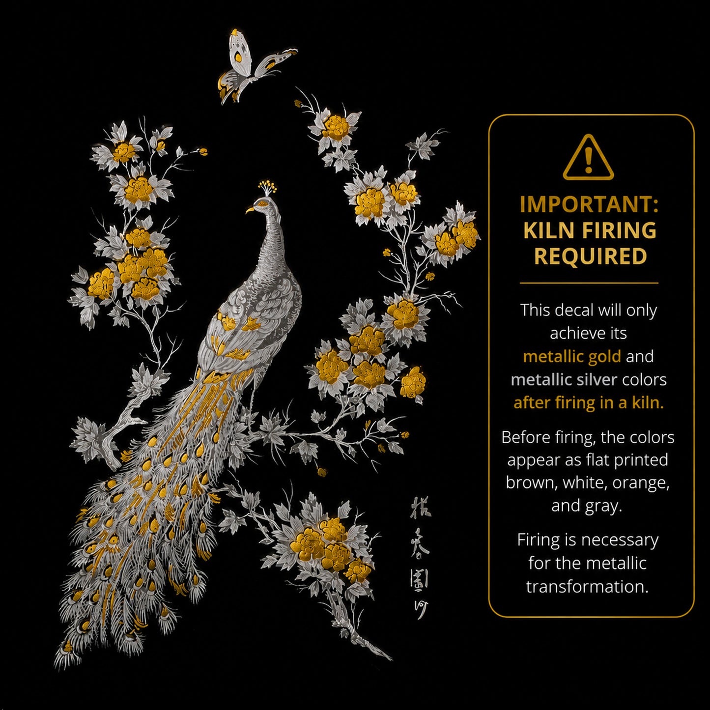 Gold and White Peacock Overglaze Ceramic Decals