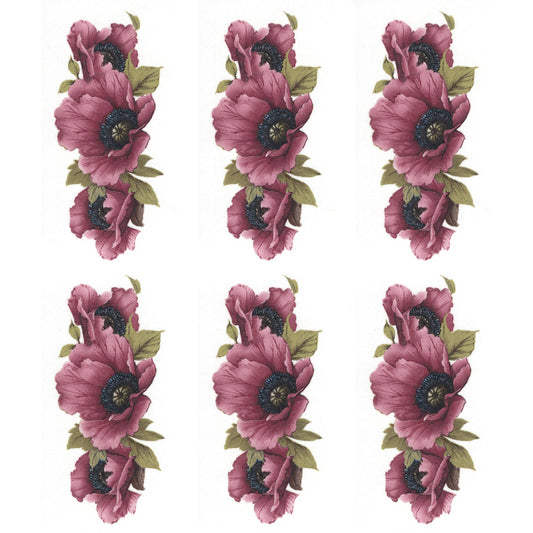 Maroon Pink Poppy Flower Long Overglaze Ceramic Decals