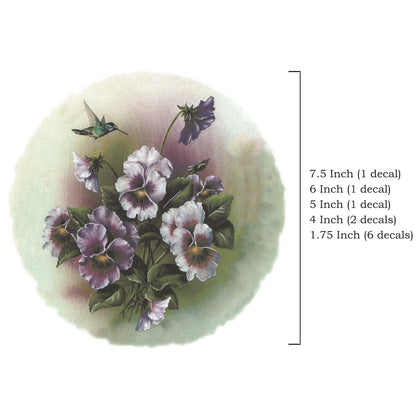 Flowers Purple Pansies Hummingbird Overglaze Ceramic Decals