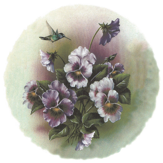 Flowers Purple Pansies Hummingbird Overglaze Ceramic Decals