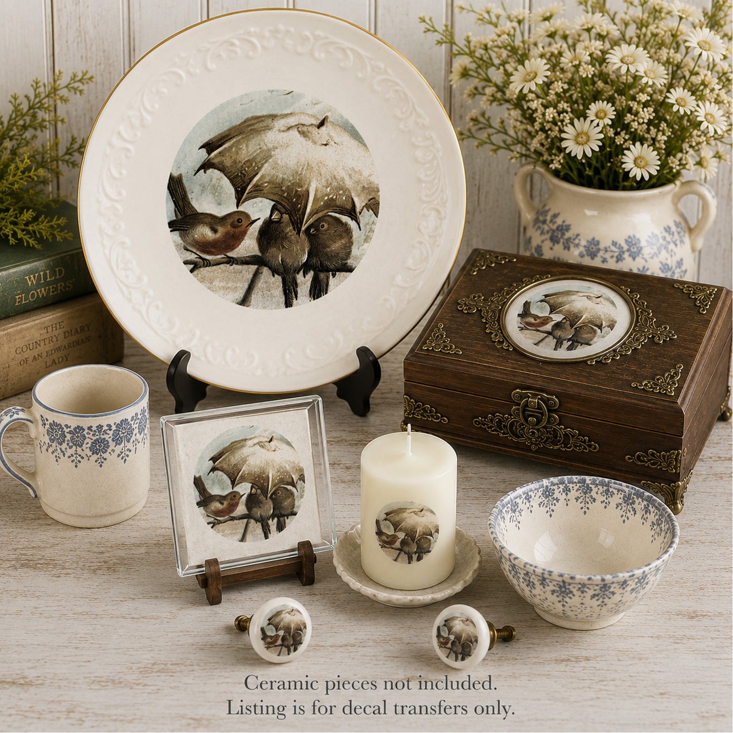 Rainy Day Bird Friends Umbrella Overglaze Ceramic Decals