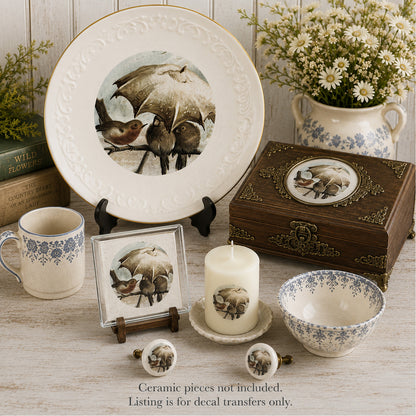 Rainy Day Bird Friends Umbrella Overglaze Ceramic Decals