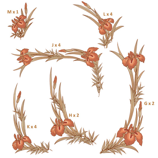 Flowers Iris Gold Accents 17 pcs Overglaze Ceramic Decals