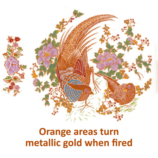9 pcs Gold Pheasants with Pink Flowers Overglaze Ceramic Decals