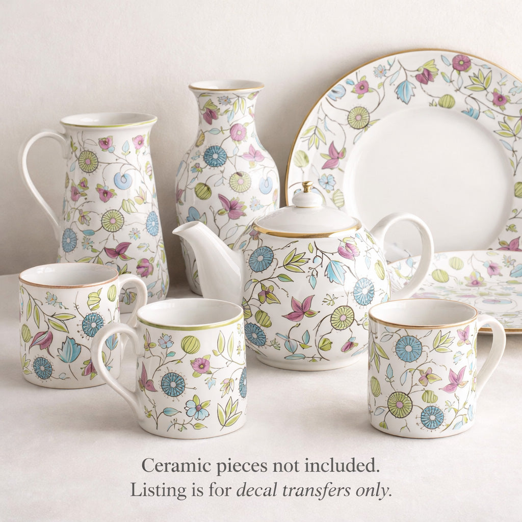 Allover Chintz Pastel Artdeco Flower 9 x 13.5 Inch Overglaze Ceramic Decal Sheet