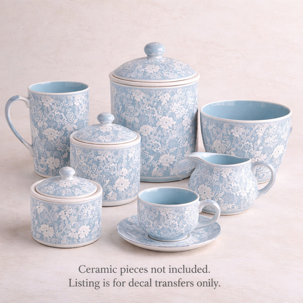 Allover Chintz White Lace on Blue 9 x 13.5 Inch Overglaze Ceramic Decal Sheet