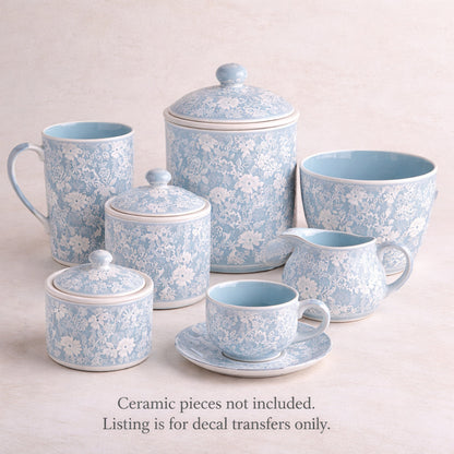 Allover Chintz White Lace on Blue 9 x 13.5 Inch Overglaze Ceramic Decal Sheet