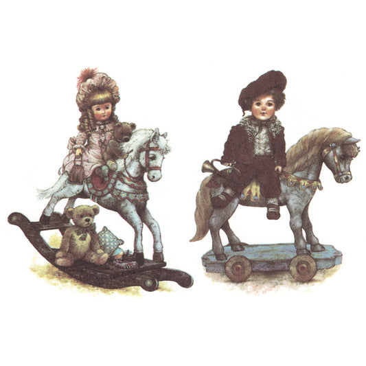 Vintage European Boy and Girl on Rocking Horses Overglaze Waterslide Ceramic Decals