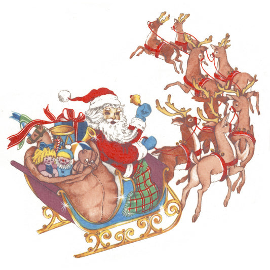 Santa in Sleigh with Reindeer Overglaze Waterslide Ceramic Decals