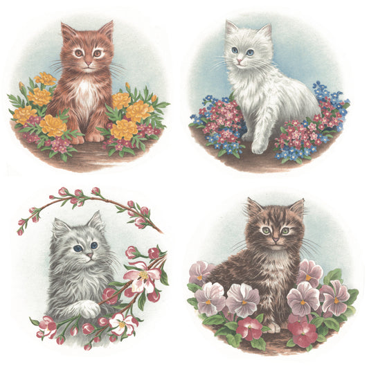 Kittens in Beds of Flowers 6 Inch Set of 4 Overglaze Ceramic Decals