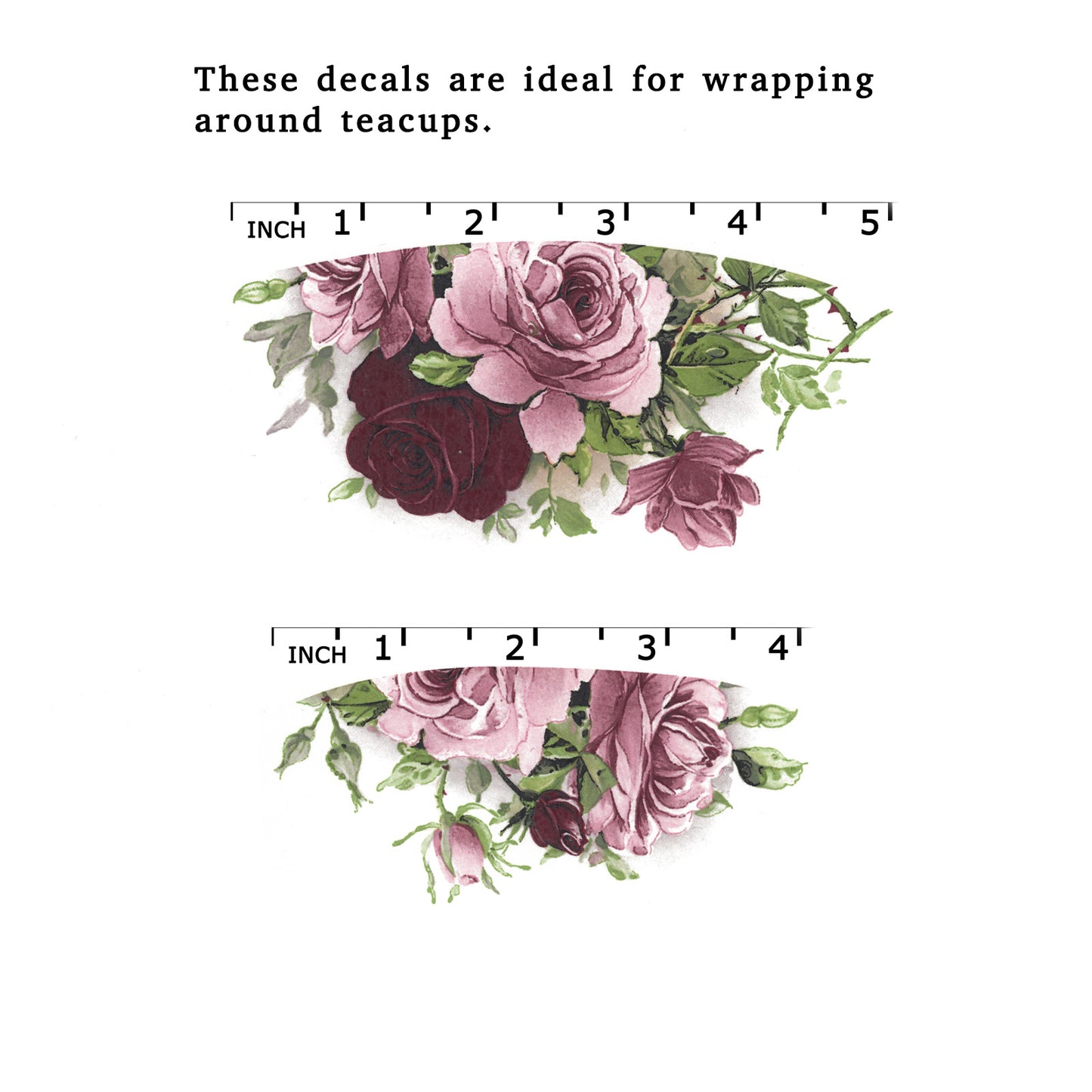 Pink Burgundy Rose Cup Wraparound 4 pcs Overglaze Waterslide Ceramic Decal