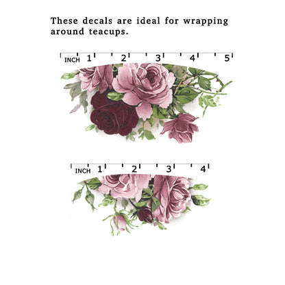 Pink Burgundy Rose Cup Wraparound 4 pcs Overglaze Waterslide Ceramic Decal