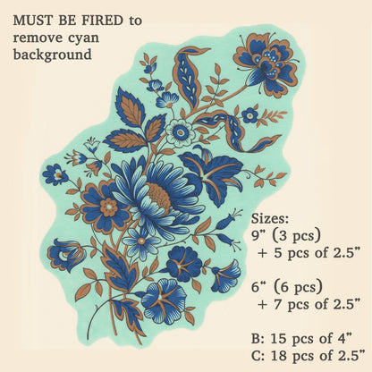 Vintage Blue Floral with Gold Chinoiserie Overglaze Waterslide Ceramic Decals