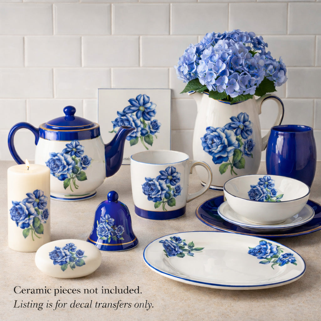 Blue Rose Flower Sketch Overglaze Waterslide Ceramic Decals
