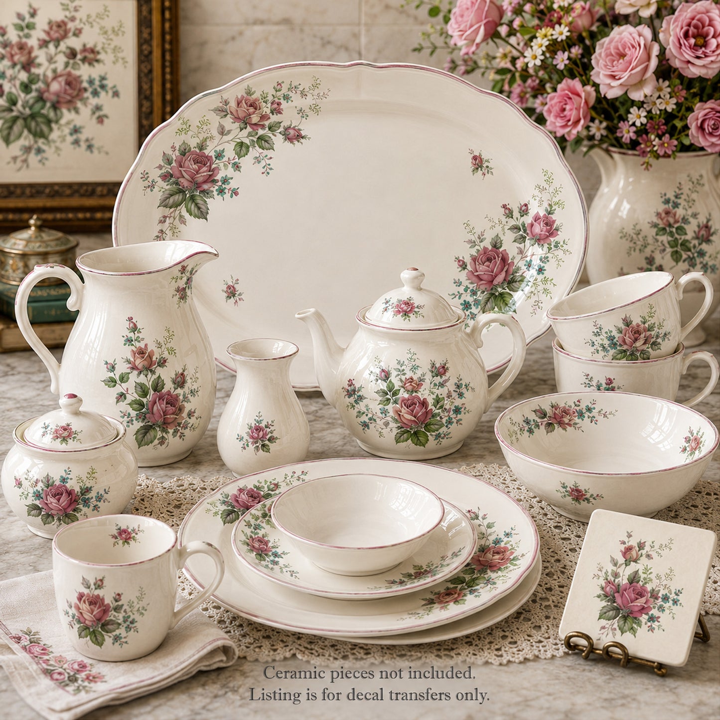 Pink Rose Flower Motif Collection Overglaze Ceramic Decals