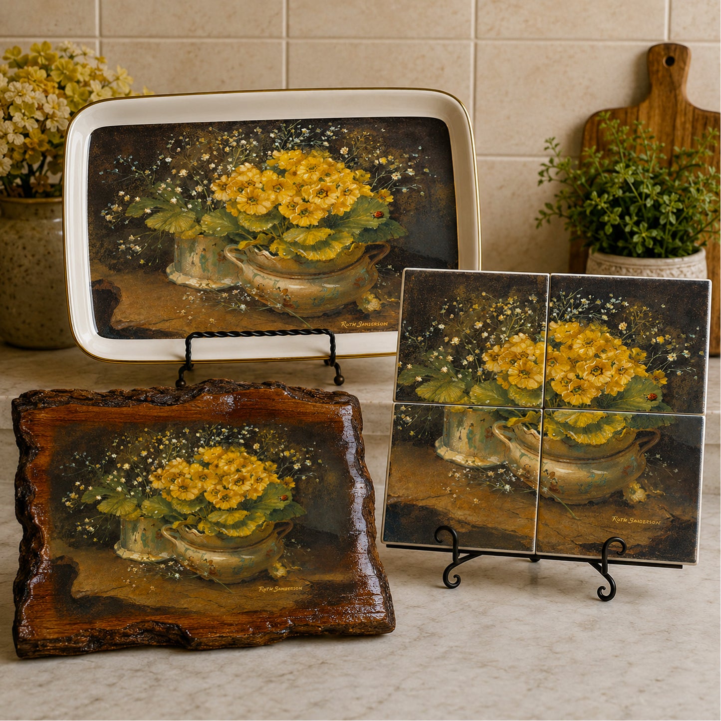 Yellow Primroses in Pot Overglaze Ceramic Decals Vintage Floral Still Life