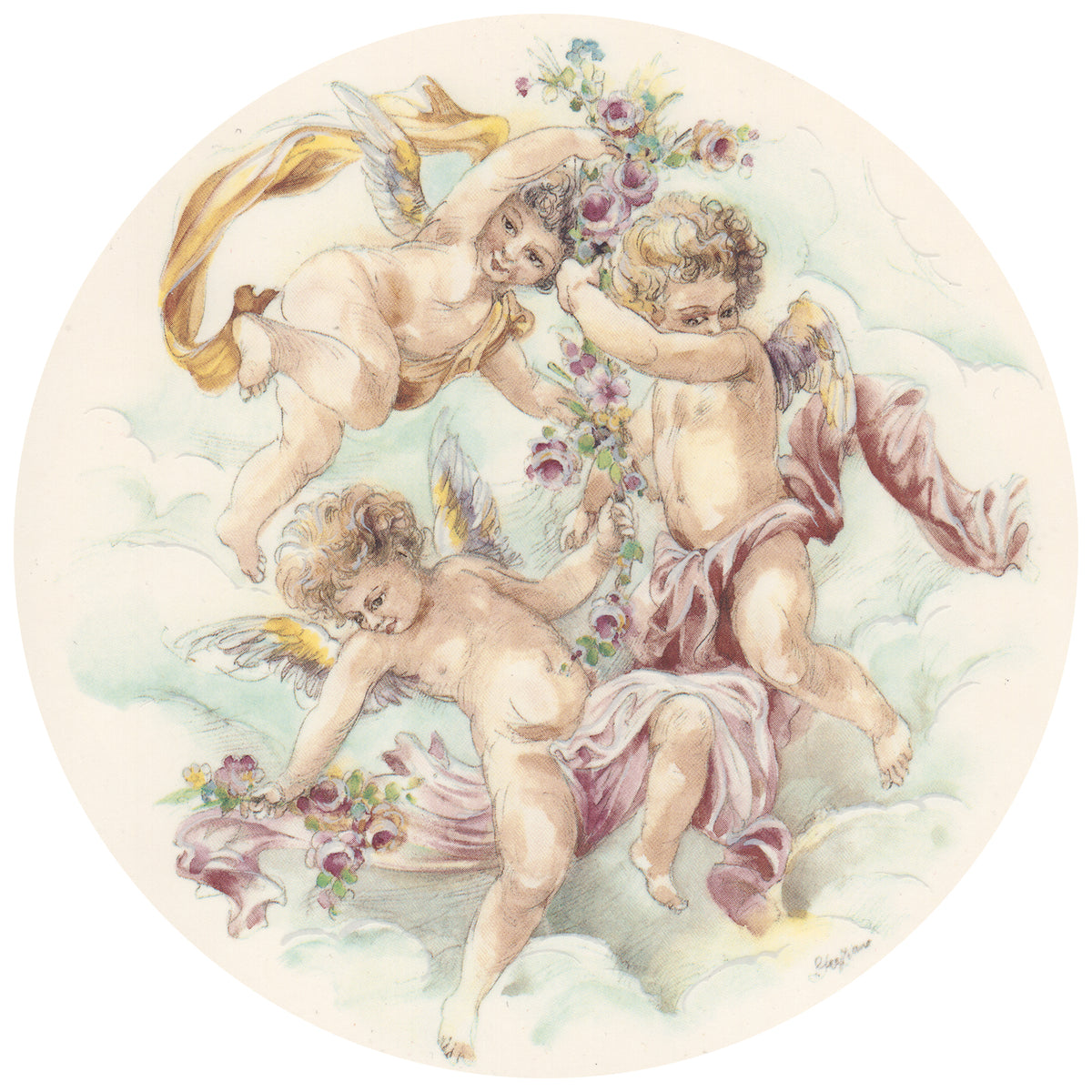 Waterslide Decal for Ceramics - Three Cherubs with Floral Garland – Vintage Pastel