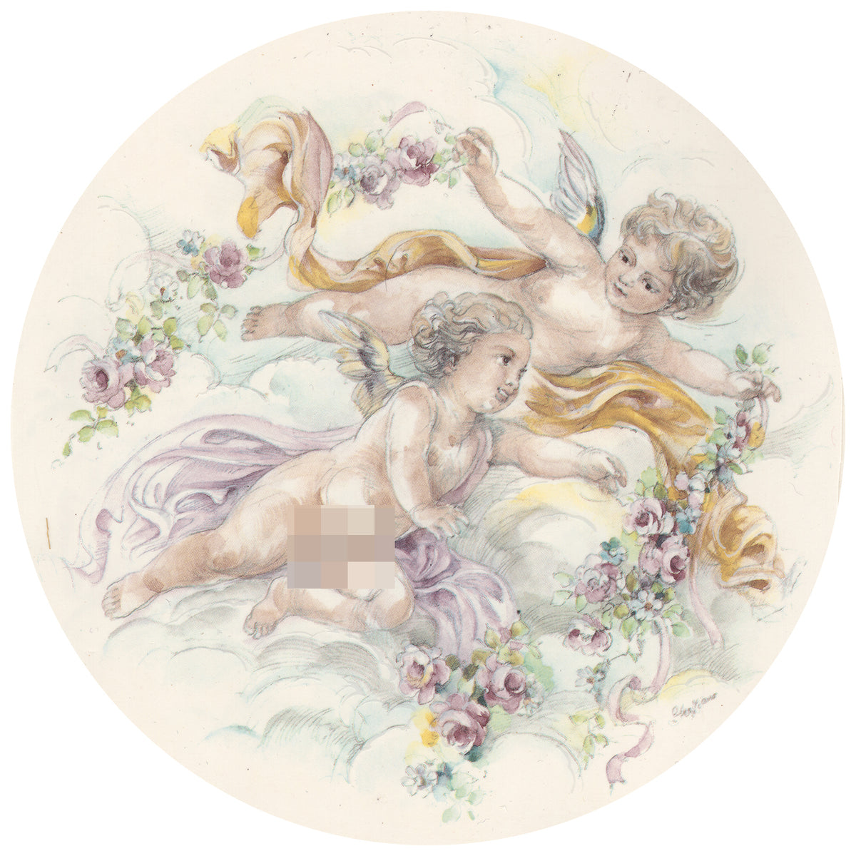 Waterslide Decal for Ceramics - Two Cherubs with Rose Garlands – Vintage Pastel