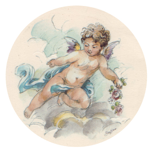 Waterslide Decal for Ceramics - Cherub with Blue Drapery and Flowers – Vintage Pastel