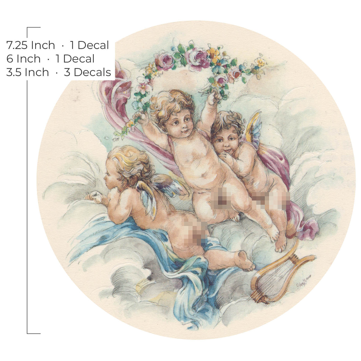 Waterslide Decal for Ceramics - Three Cherubs with Floral Wreath – Vintage Pastel