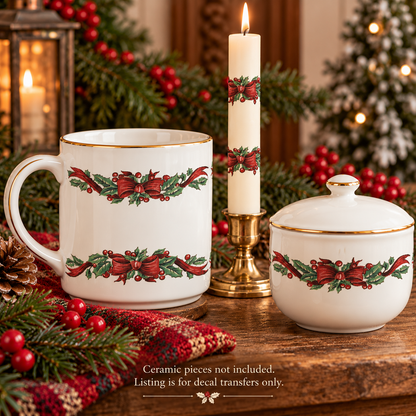 Waterslide Decal for Ceramics - Christmas Holly Garland – Vintage Red Ribbon Bow