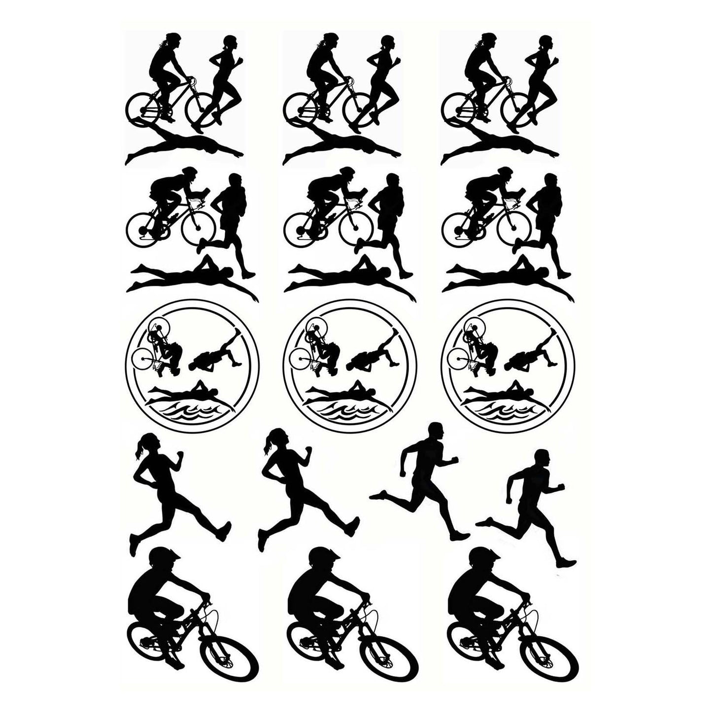 Triathlon Biking Swimming Running 16 pcs 1 Inch Black Fused Glass Decals
