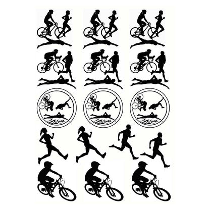 Triathlon Biking Swimming Running 16 pcs 1 Inch Black Fused Glass Decals