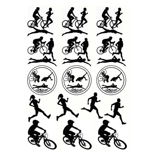 Triathlon Biking Swimming Running 16 pcs 1 Inch Black Fused Glass Decals