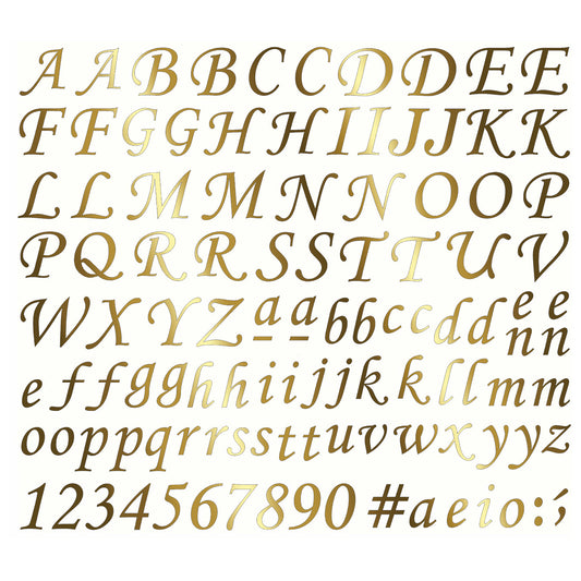 Corsiva Font Alphabet Letters Numbers 3/8 Inch Tall 106 pcs 22k Gold Fused Glass Decals