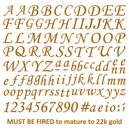 Corsiva Font Alphabet Letters Numbers 106 pcs 22k Gold Fused Glass Decals