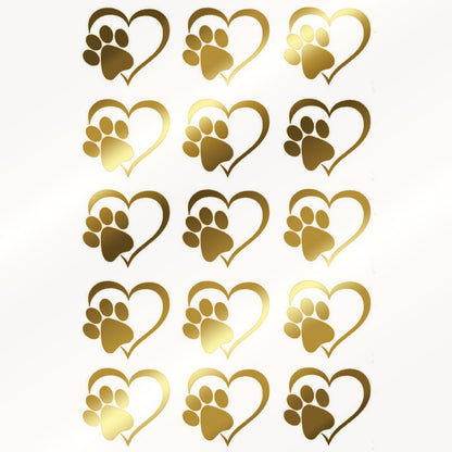 Heart Paw Print 15 pcs 1 Inch 22k Gold Fused Glass Decals