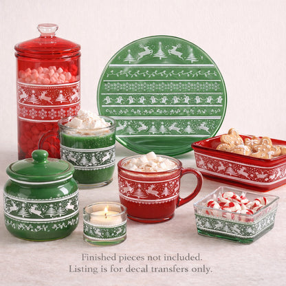 Christmas Stripes Deer Holly 1 pc 5 x 7 Inch White Fused Glass Decal