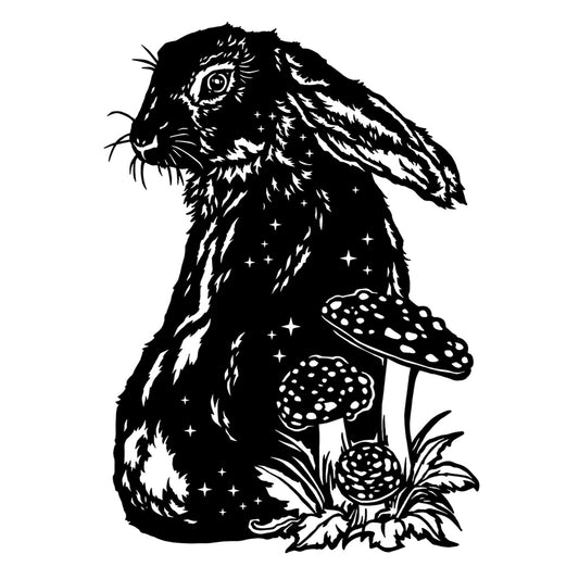 Rabbit in Mushroom Garden 2 pcs 4 Inch Black Fused Glass Decals