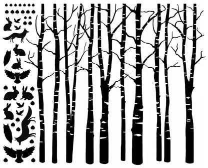 Birch Trees with Woodland Critters 5.5 x 7 Inch Black Fused Glass Decals