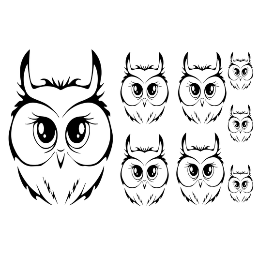 Cutesy Owl Faces 8 pcs 0.75 to 3.5 Inch Black Fused Glass Decals