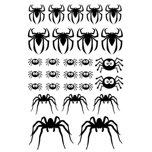 Cute and Creepy Spiders 28 pcs 0.5 to 1.5 Inch Black Fused Glass Decals