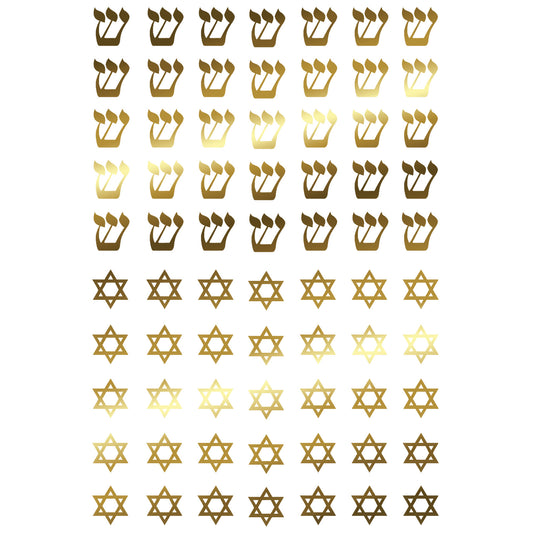 Hebrew Shin and Star of David 70 pcs 3/8 Inch 22k Gold Fused Glass Decals