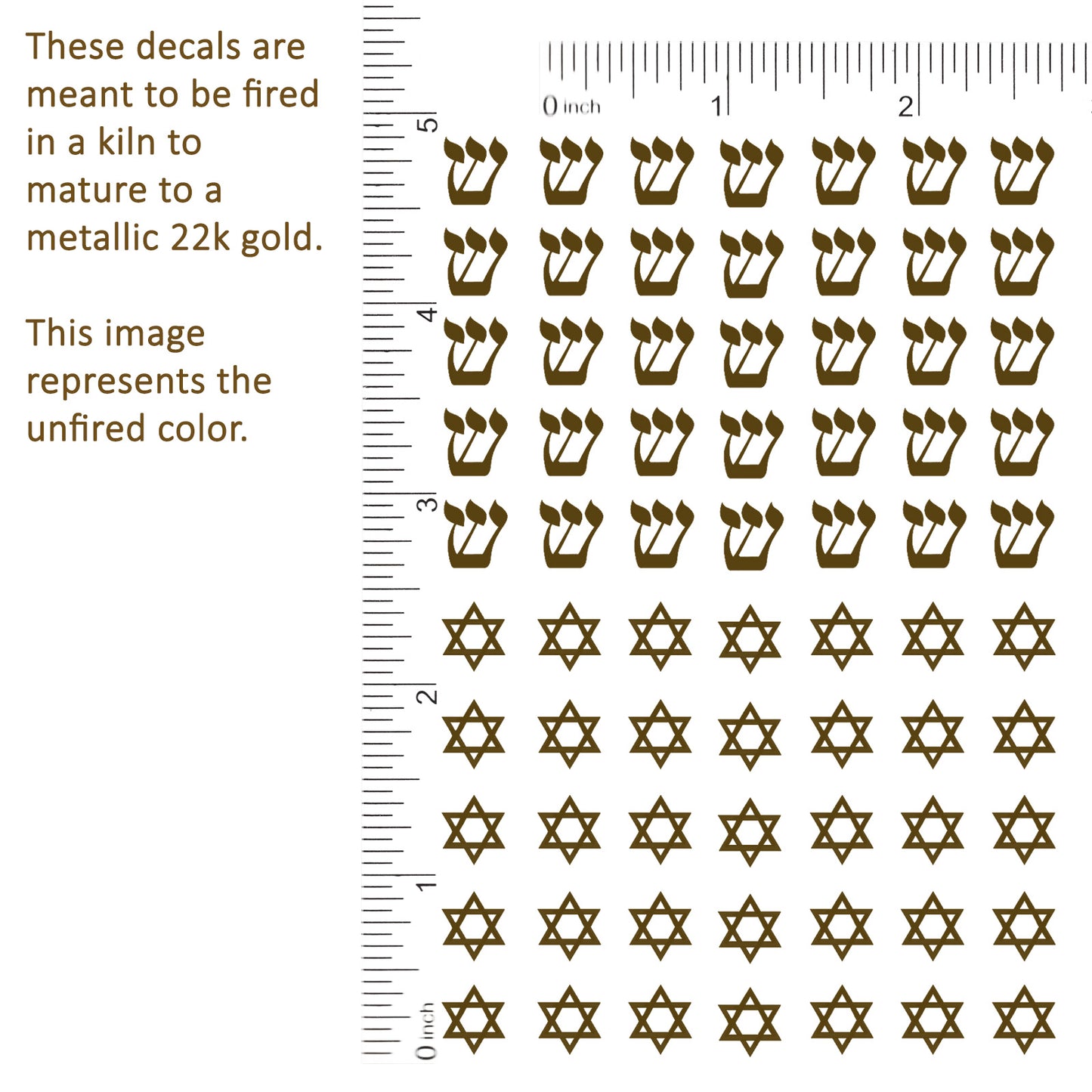 Hebrew Shin and Star of David 70 pcs 3/8 Inch 22k Gold Fused Glass Decals