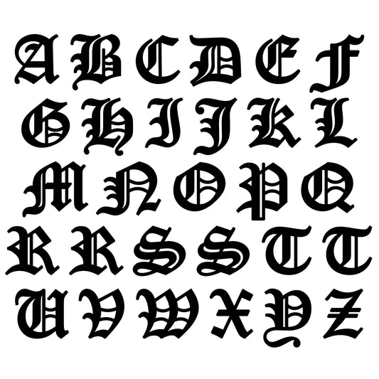 Old English Font Alphabet 29 pcs 1 Inch Tall Black Fused Glass Decals