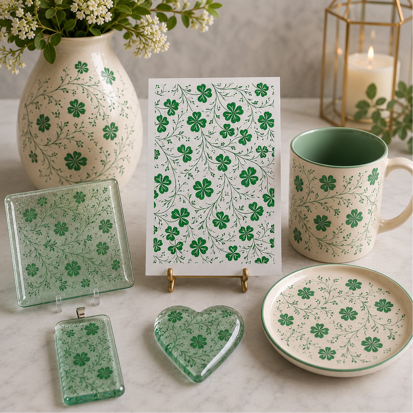 St Patrick's Day Clover Chintz 5 x 3.5 Green Fused Glass Decal Sheet