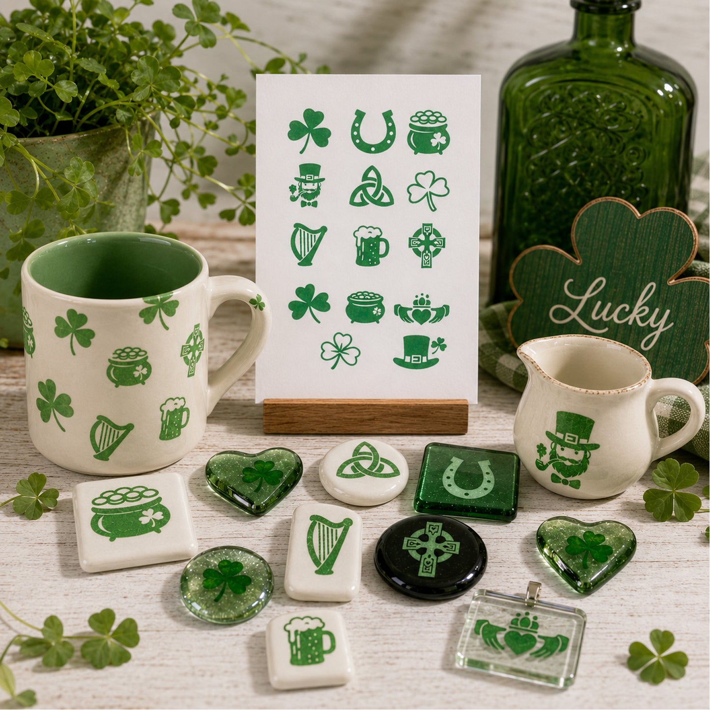 St Patrick's Day Icons 1 Inch 14 pcs Green Fused Glass Decal Sheet