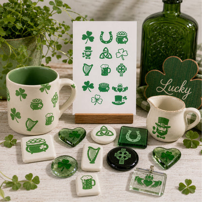 St Patrick's Day Icons 1 Inch 14 pcs Green Fused Glass Decal Sheet