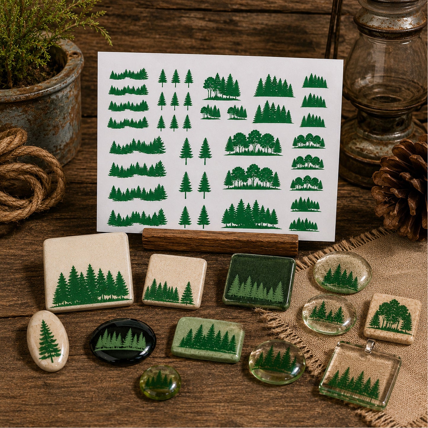 Trees and Tree Lines 39 pcs Green Fused Glass Decals
