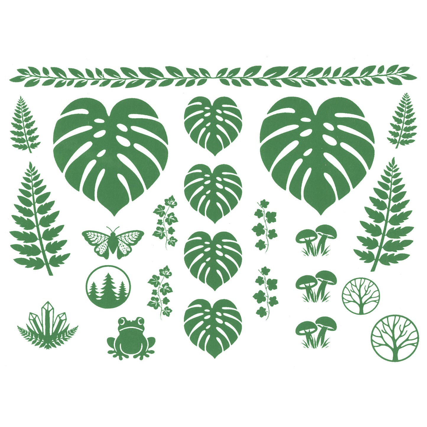 Jungle Fronds Lily Pads Mushrooms 24 pcs Green Fused Glass Decals