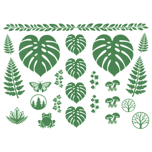 Jungle Fronds Lily Pads Mushrooms 24 pcs Green Fused Glass Decals
